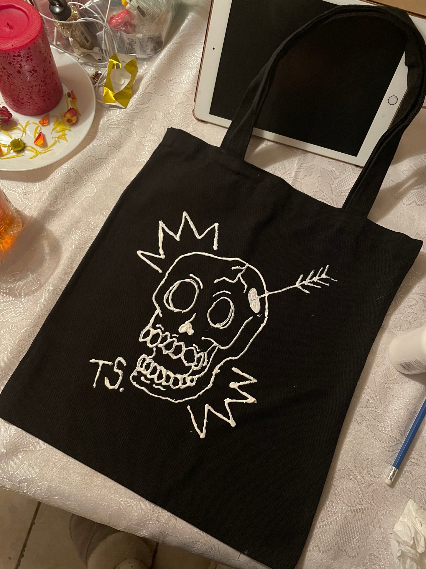 Hand-painted Black Canvas Tote Bag