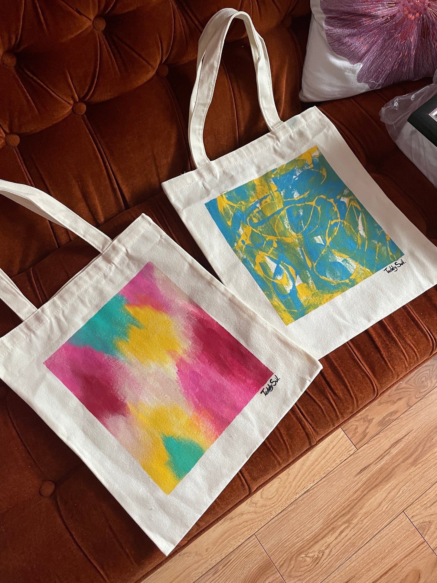 Hand-painted Abstract Beige Canvas Tote Bag