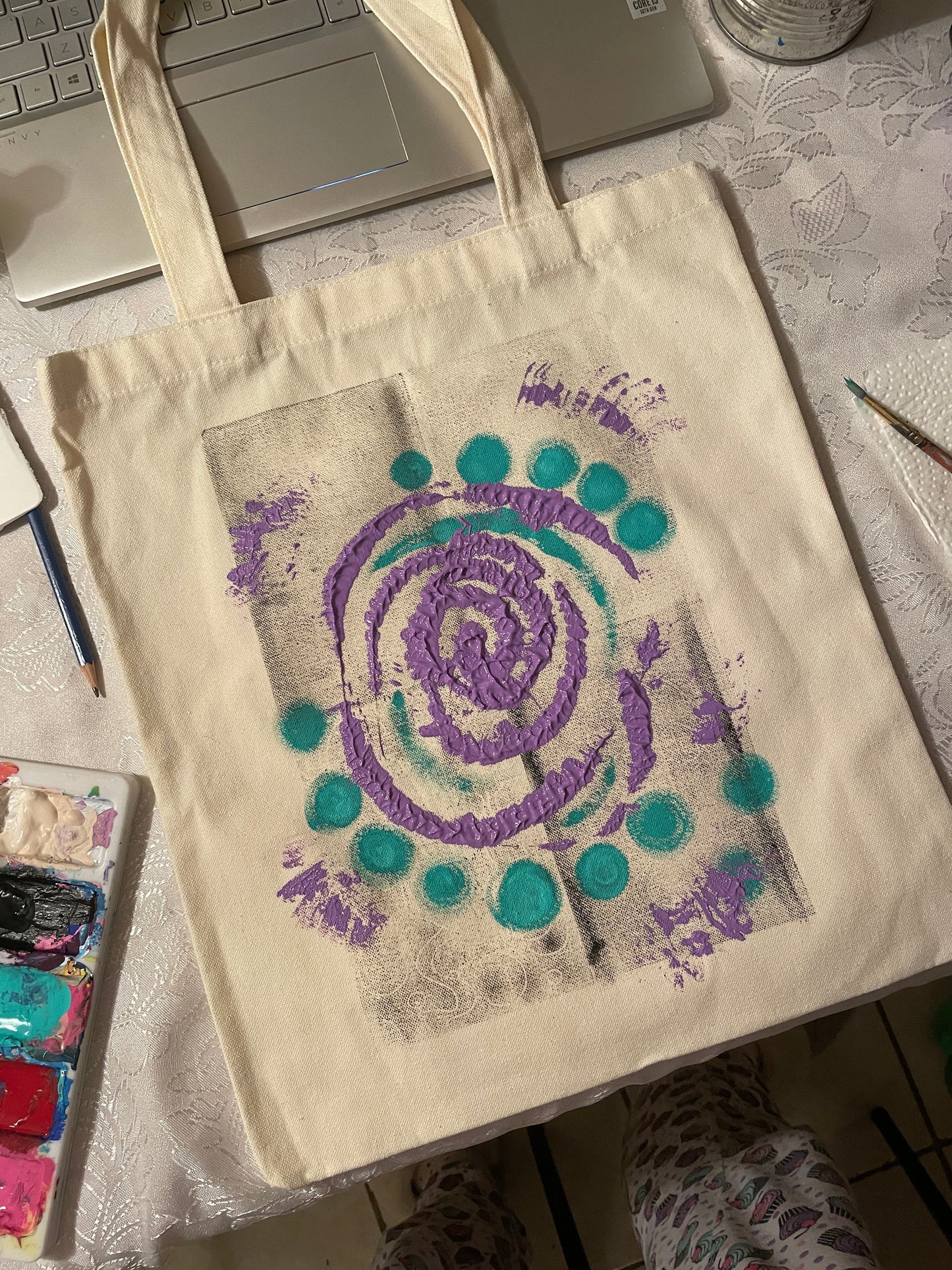 Hand-painted Abstract Beige Canvas Tote Bag