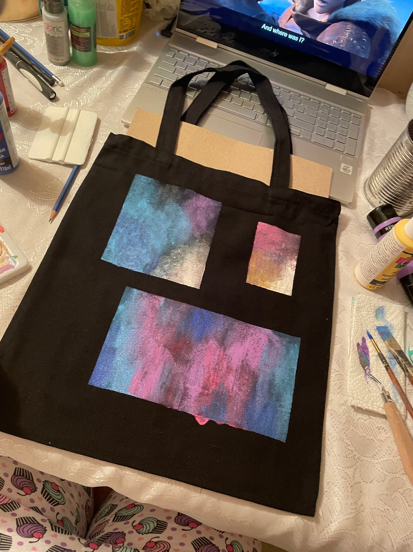 Hand-painted Black Canvas Tote Bag