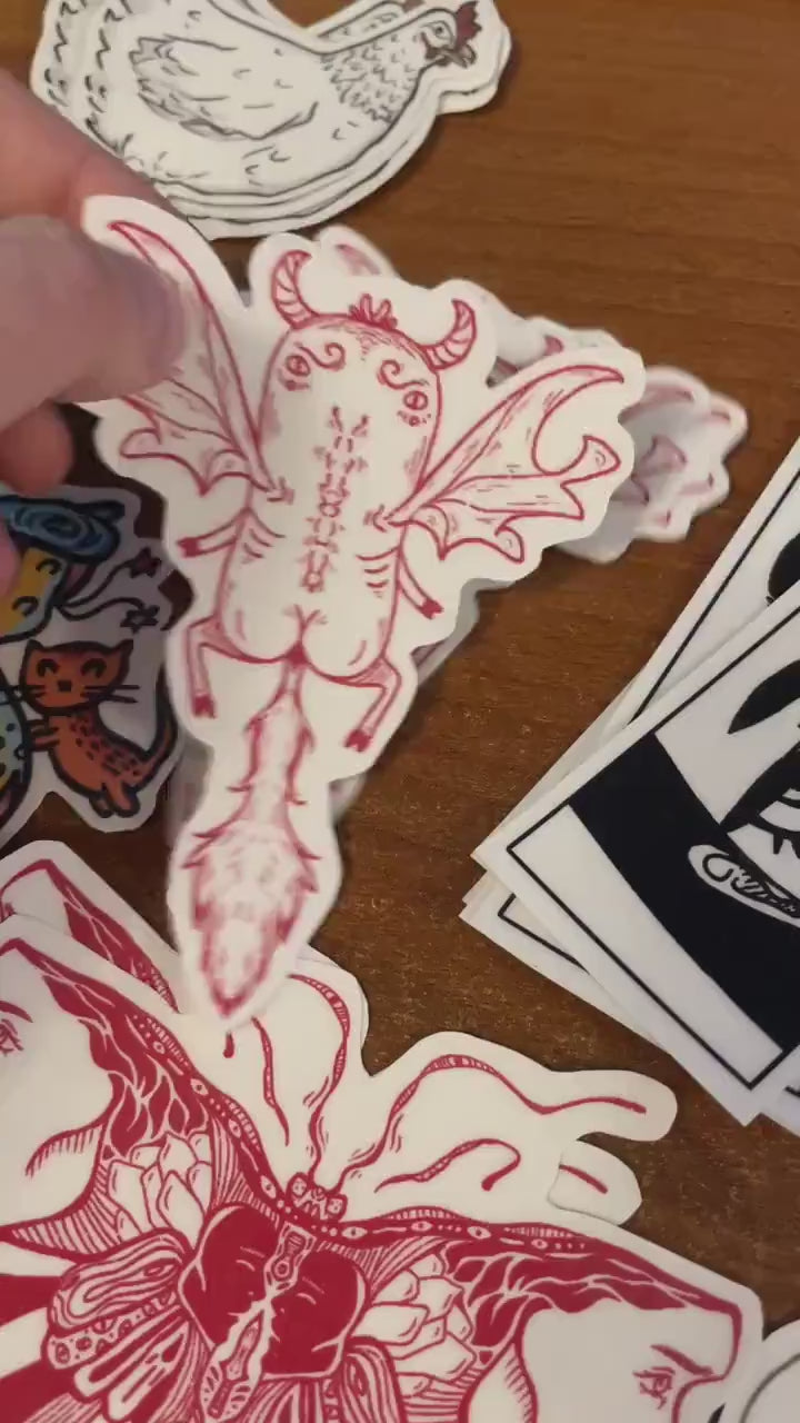 Devil creature sticker, handmade, glossy sticker, red lineart, weird creature