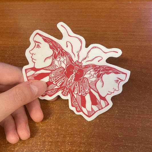 Butterfly creative sticker, red lineart, large glossy sticker, woman face, human face butterfly art, red butterfly art