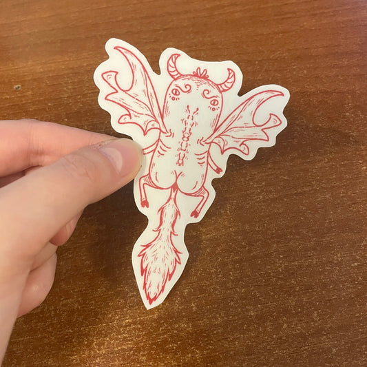 Devil creature sticker, handmade, glossy sticker, red lineart, weird creature