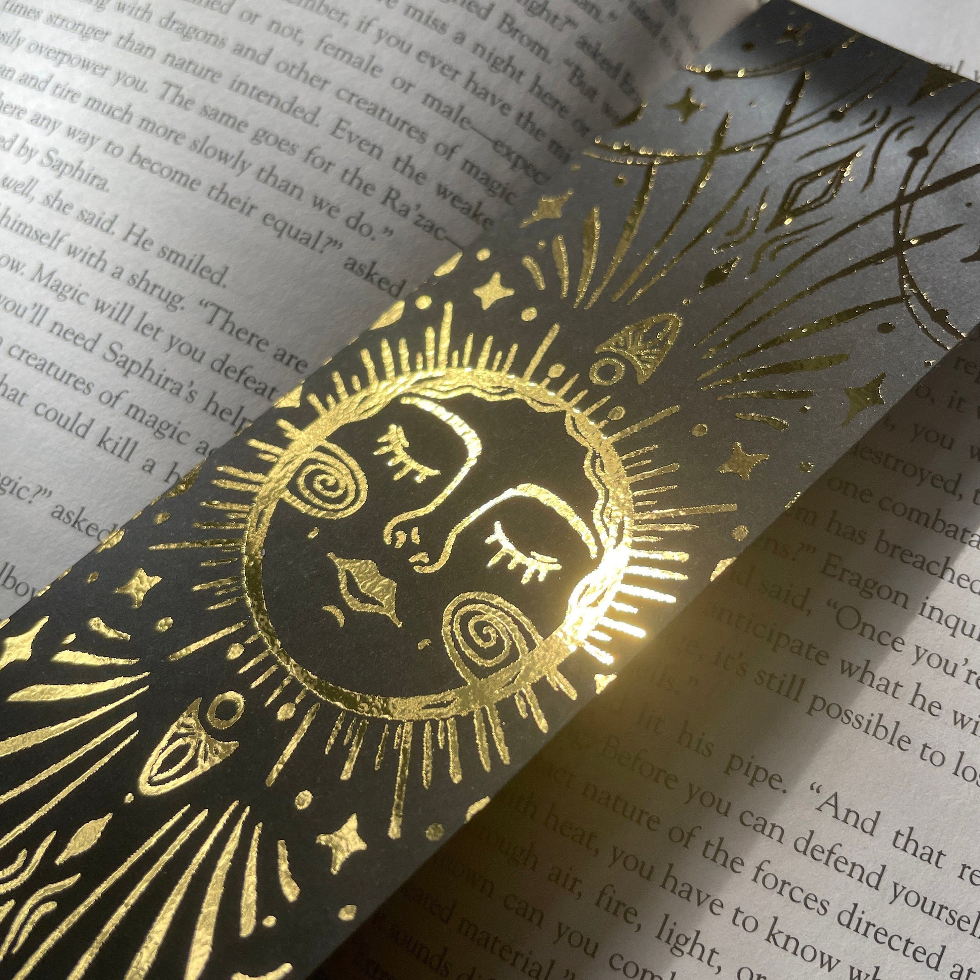 Fantasy Gold Foil bookmark, Magical, Whimsical Art, Tarot, Fairycore, Dark academia, zodiacs, celestial, Sun, black and gold, handmade