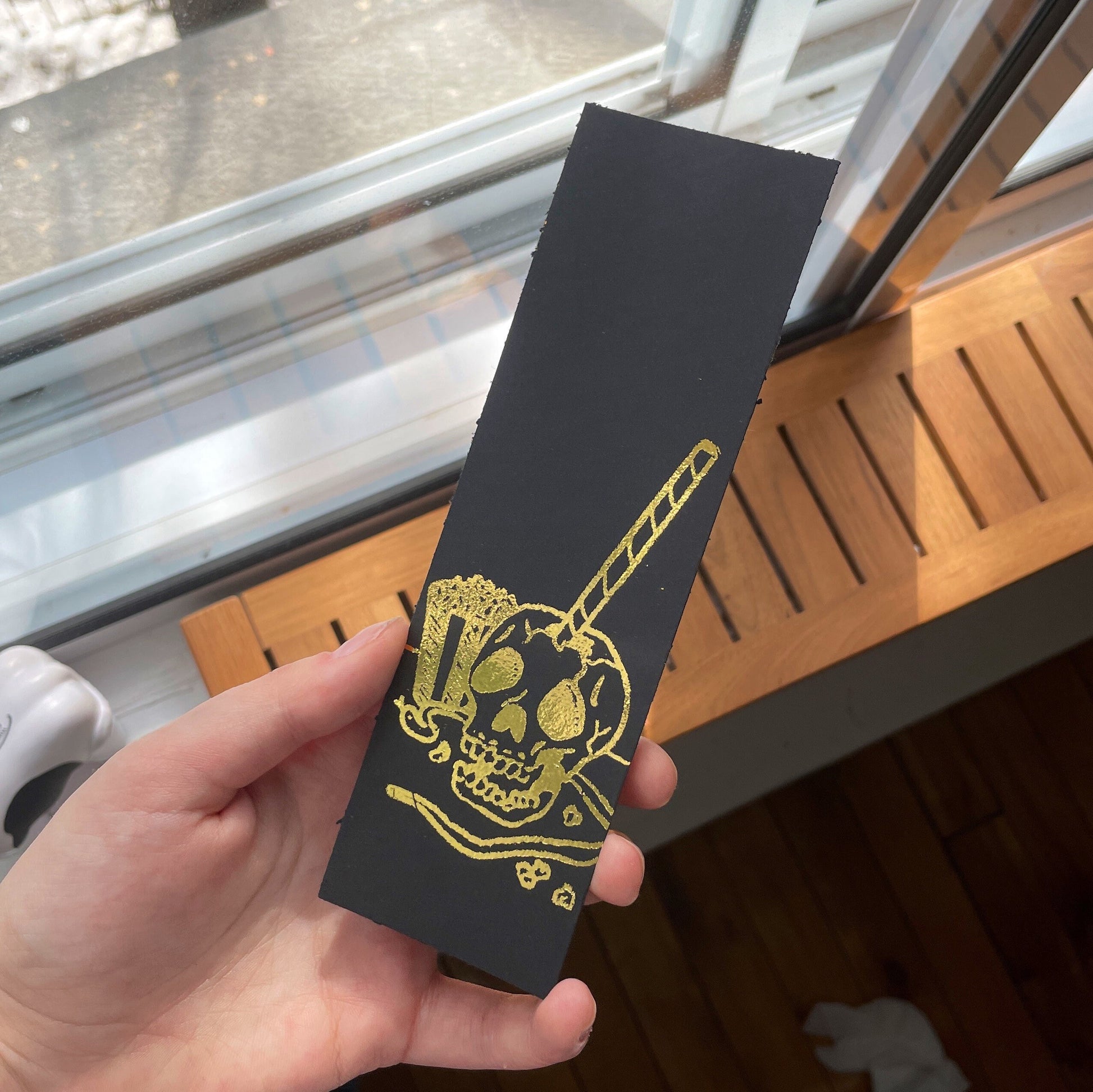 Fantasy Gold Foil bookmark, skeleton, cinema, psychedelic, Magical, Tarot, Dark academia, zodiacs, black and gold, cool aesthetic